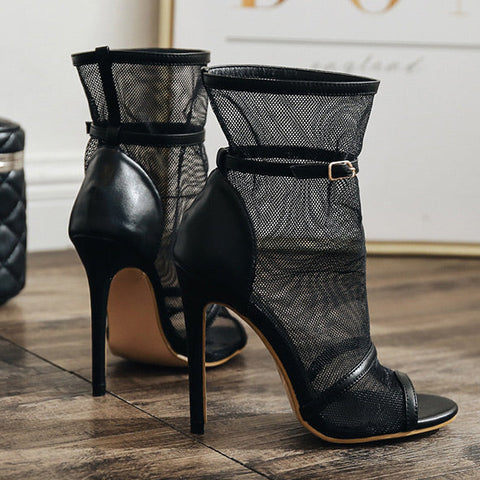 Black Peep-toe Mesh Stiletto Heels Boots Prom Shoes