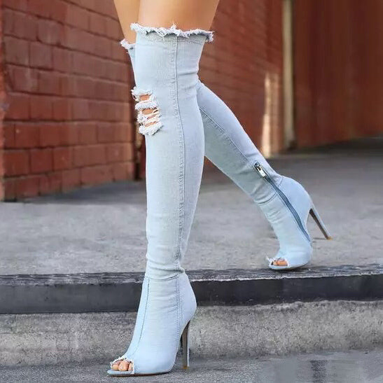 Denim Stiletto Heel Over The Knee Boots With Zipper