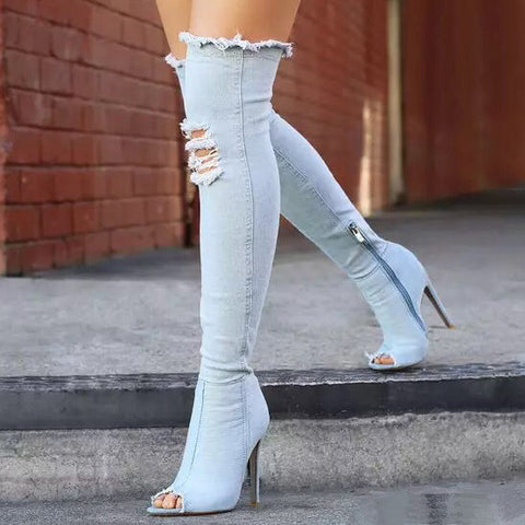 Denim Stiletto Heel Over The Knee Boots With Zipper