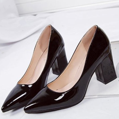 Patent Leather Chunky Heel Pumps Pointed Toe Shoes