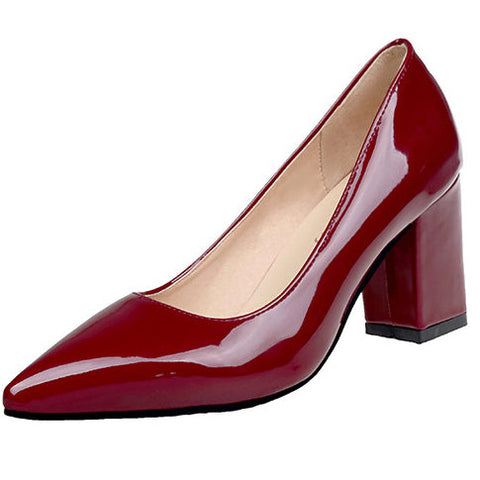 Patent Leather Chunky Heel Pumps Pointed Toe Shoes