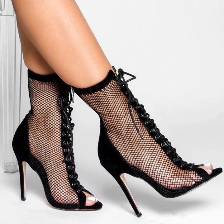 Women's Peep-toe Mesh Lace-up Stiletto Heels