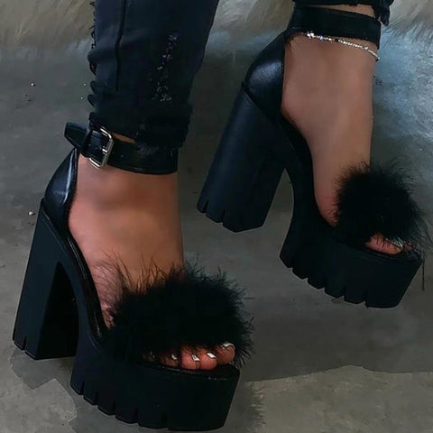 Platform Chunky Heel Ankle Strap Sandals With Fur