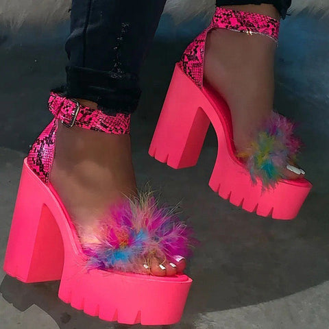 Platform Chunky Heel Ankle Strap Sandals With Fur