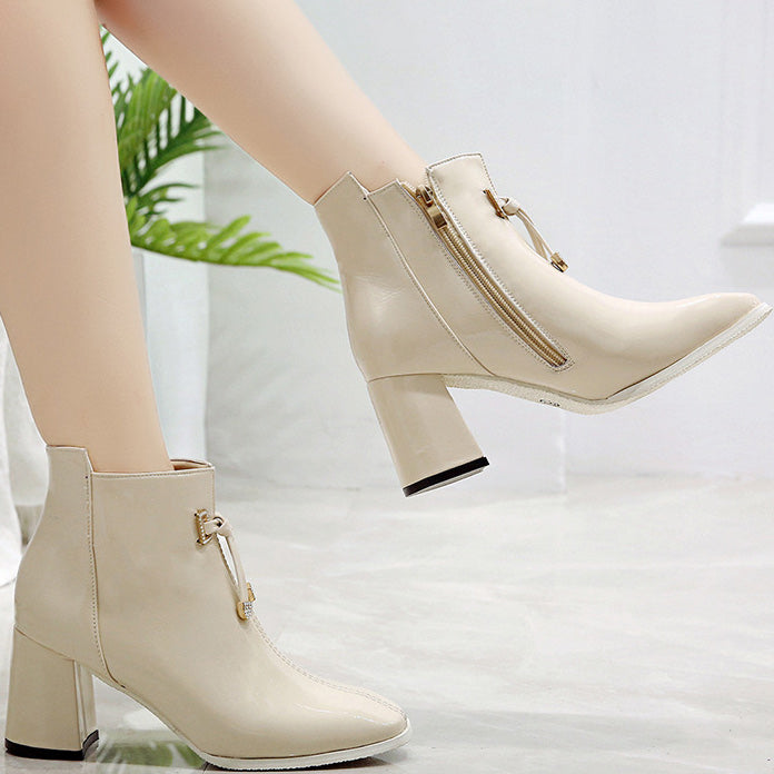 Pointed Toe Chunky Heels Ankle Boots With Zipper