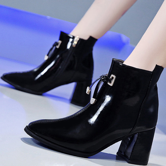 Pointed Toe Chunky Heels Ankle Boots With Zipper
