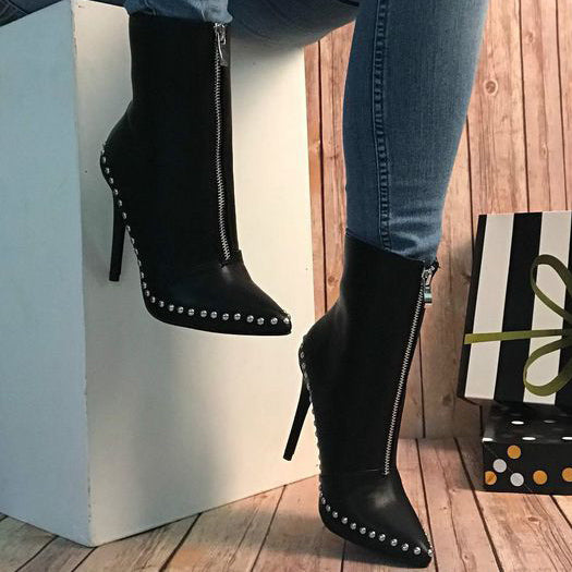 Pointed Toe Front Zipper Stiletto Heels Beaded Boots