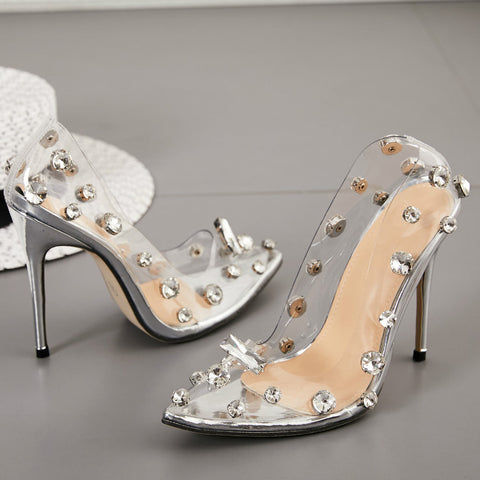 Stiletto Heels Cap-Toe Nude Transparent Shoes With Rhinestone