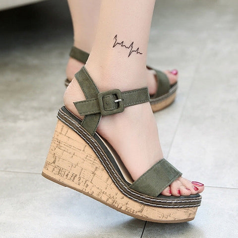 Suede Wedge Heel Sandals With Buckle