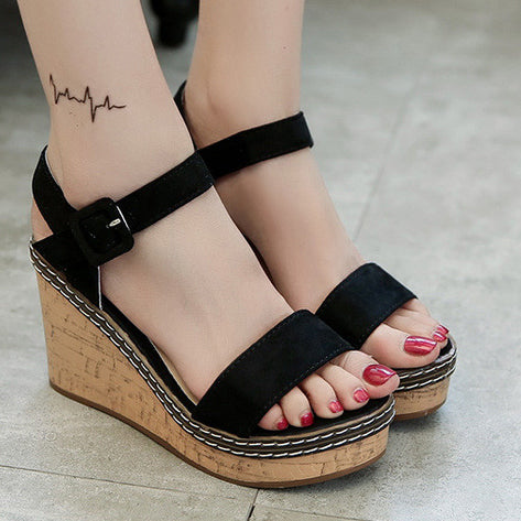 Suede Wedge Heel Sandals With Buckle