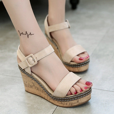 Suede Wedge Heel Sandals With Buckle