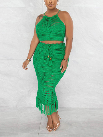 Crochet Halter Top Tassels Skirt Set