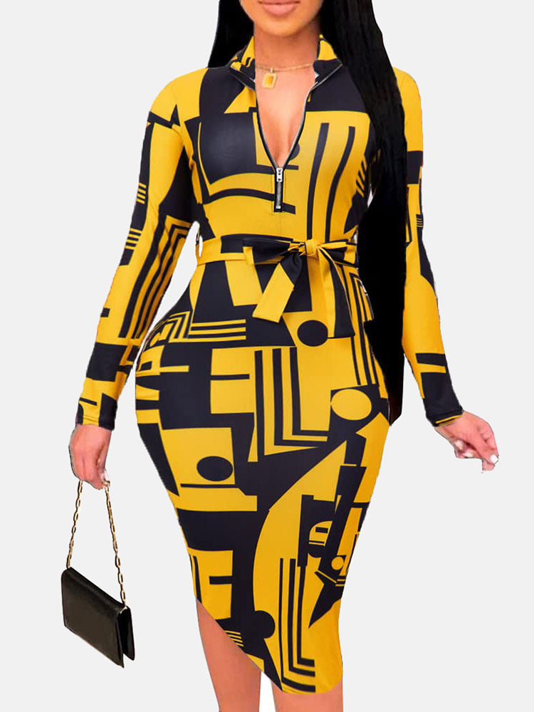 Zipper Print Pencil Midi Dresses
