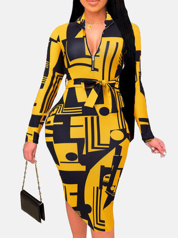 Zipper Print Pencil Midi Dresses