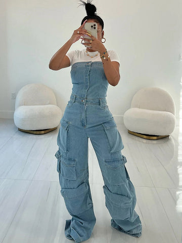Denim Strapless Cargo Jumpsuits