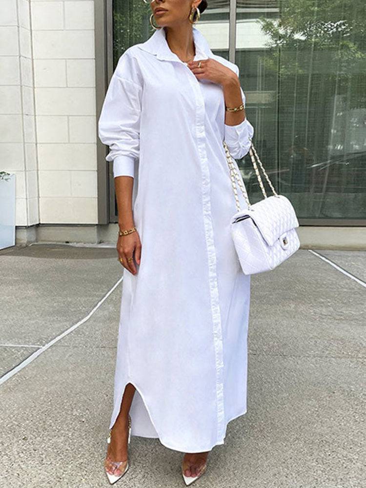 Solid Button Split Shirt Dresses