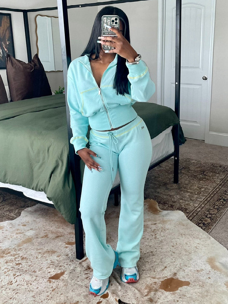 Waffle Jacket  Flare Pants Set