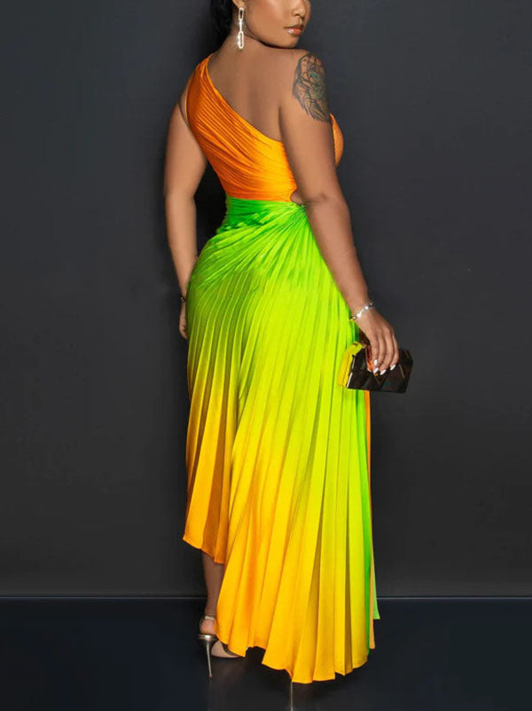 Ombre One Shoulder Pleated Dresses