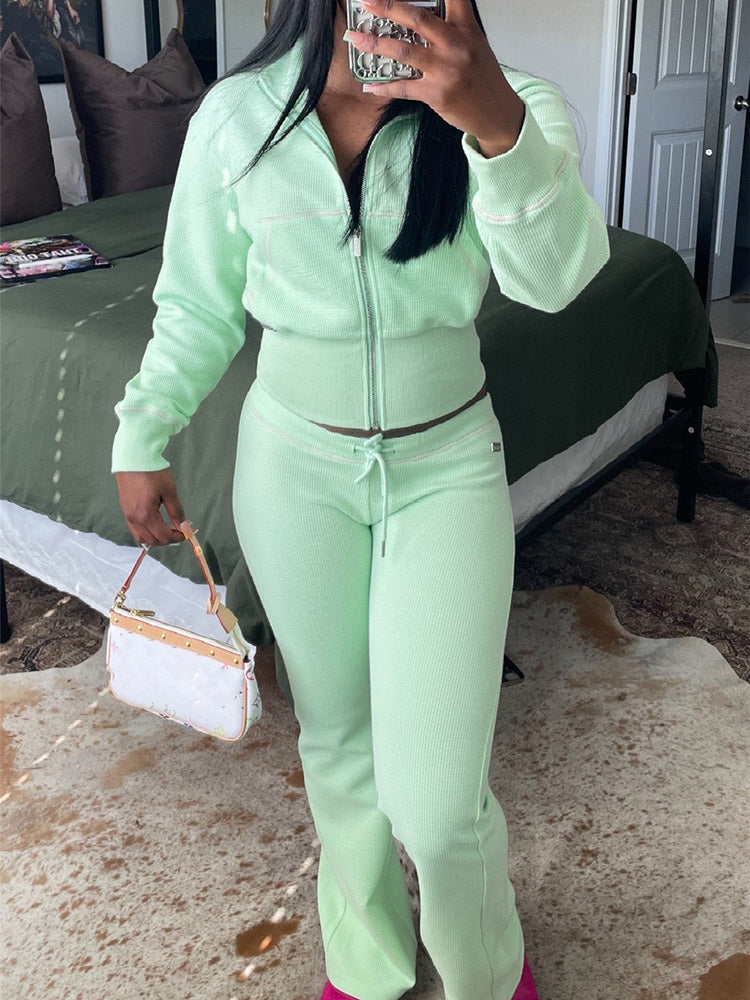 Waffle Jacket  Flare Pants Set