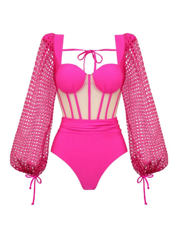 Fluorescent Pink Backless Swimsuit Set