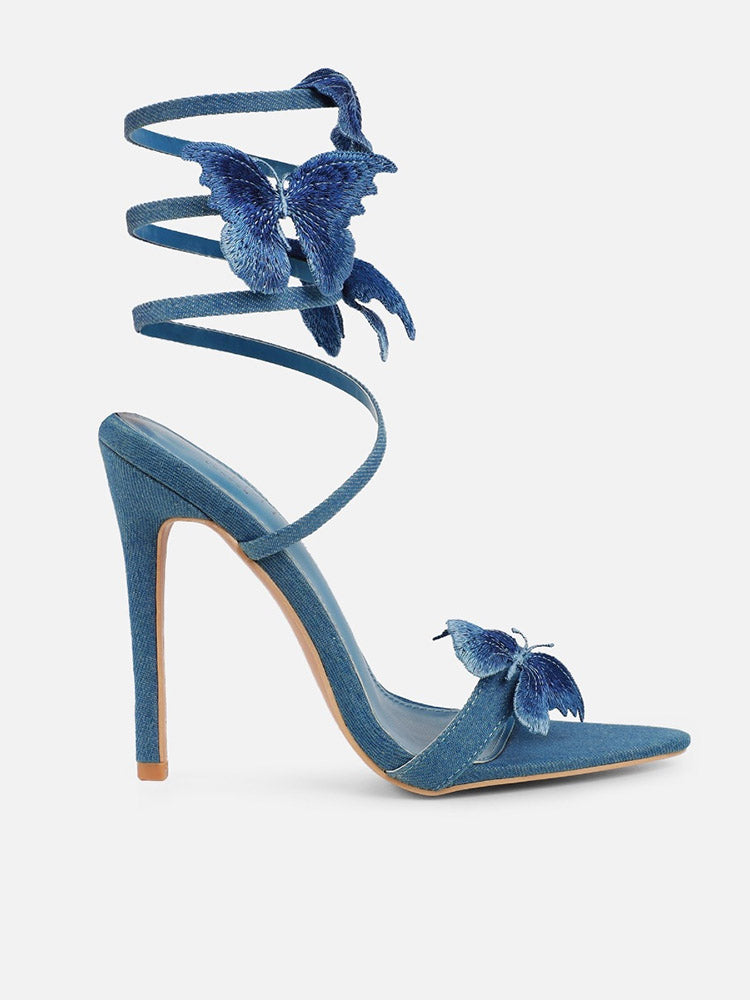 Denim Butterfly Wrap Heels