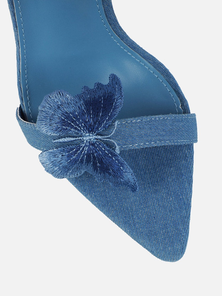 Denim Butterfly Wrap Heels