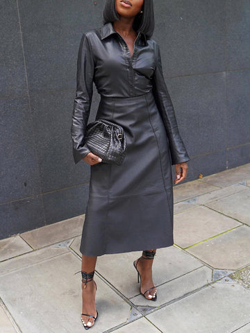 Leather Shirt Skirt Set