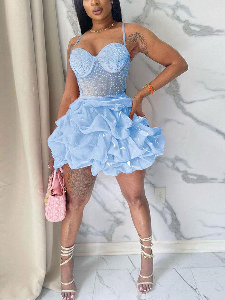 Rhinestone Mesh Ruffle Dresses