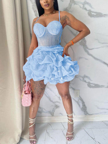 Rhinestone Mesh Ruffle Dresses