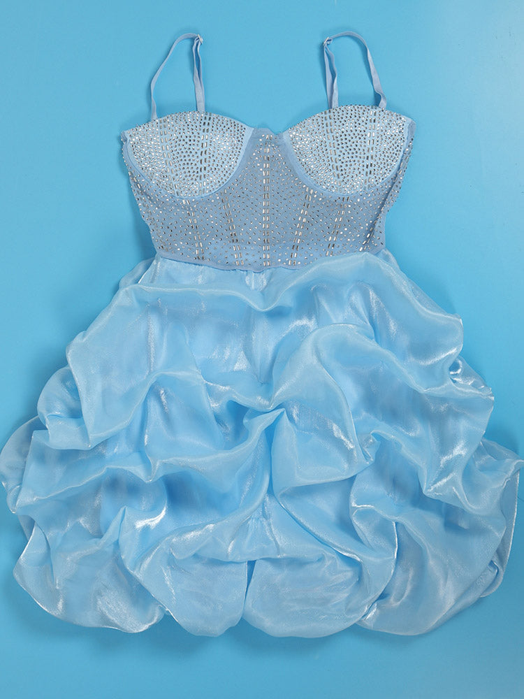 Rhinestone Mesh Ruffle Dresses