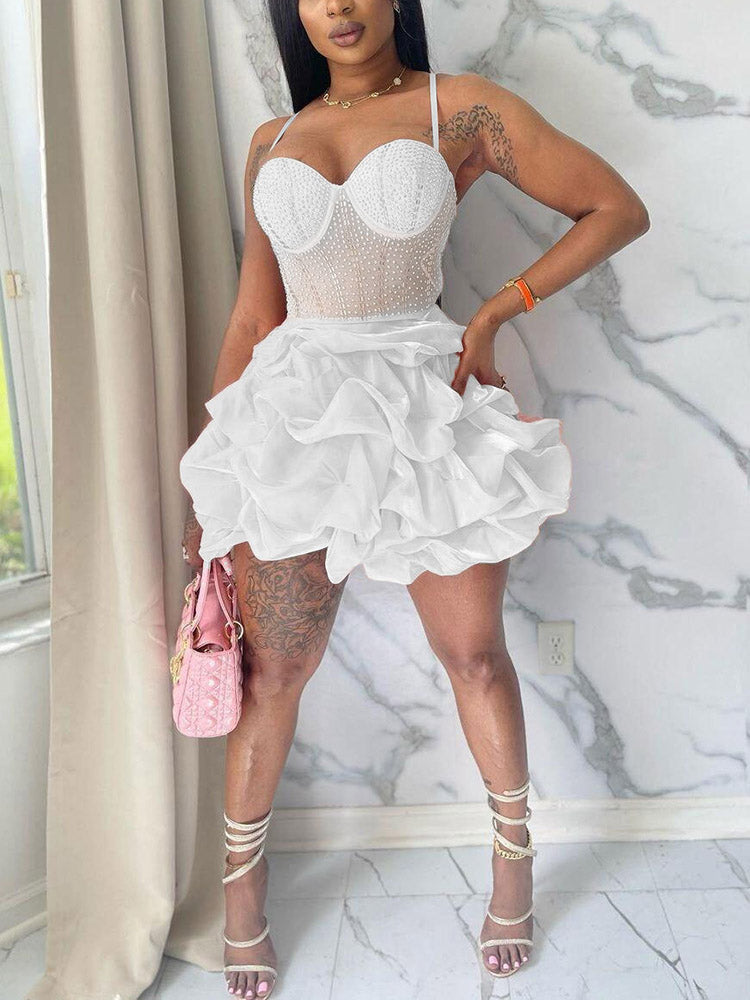 Rhinestone Mesh Ruffle Dresses
