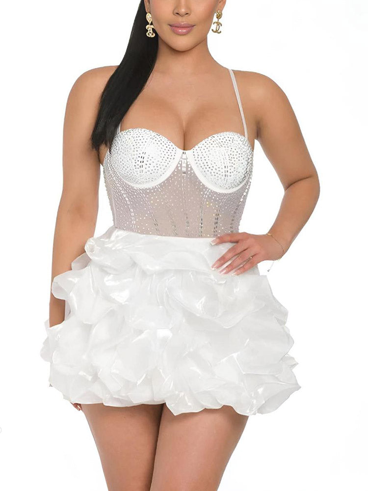 Rhinestone Mesh Ruffle Dresses