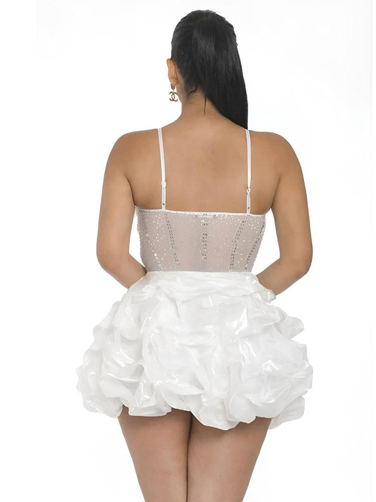 Rhinestone Mesh Ruffle Dresses