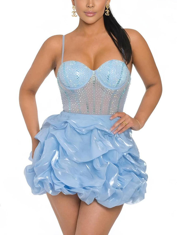 Rhinestone Mesh Ruffle Dresses