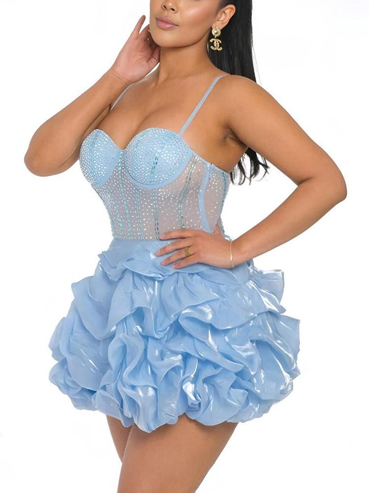 Rhinestone Mesh Ruffle Dresses