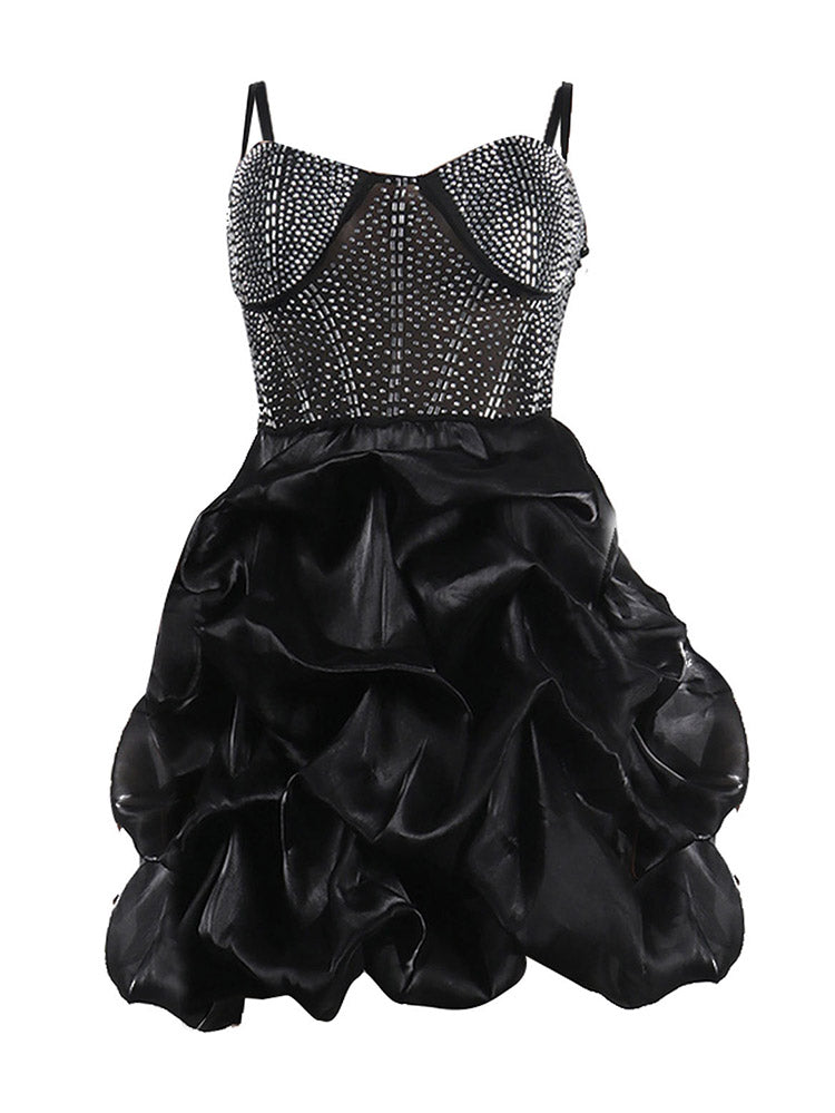 Rhinestone Mesh Ruffle Dresses