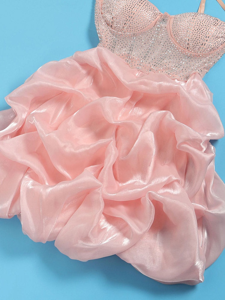 Rhinestone Mesh Ruffle Dresses