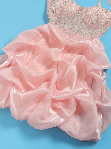 Rhinestone Mesh Ruffle Dresses