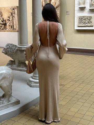 Elegant Solid Backless Maxi Dress