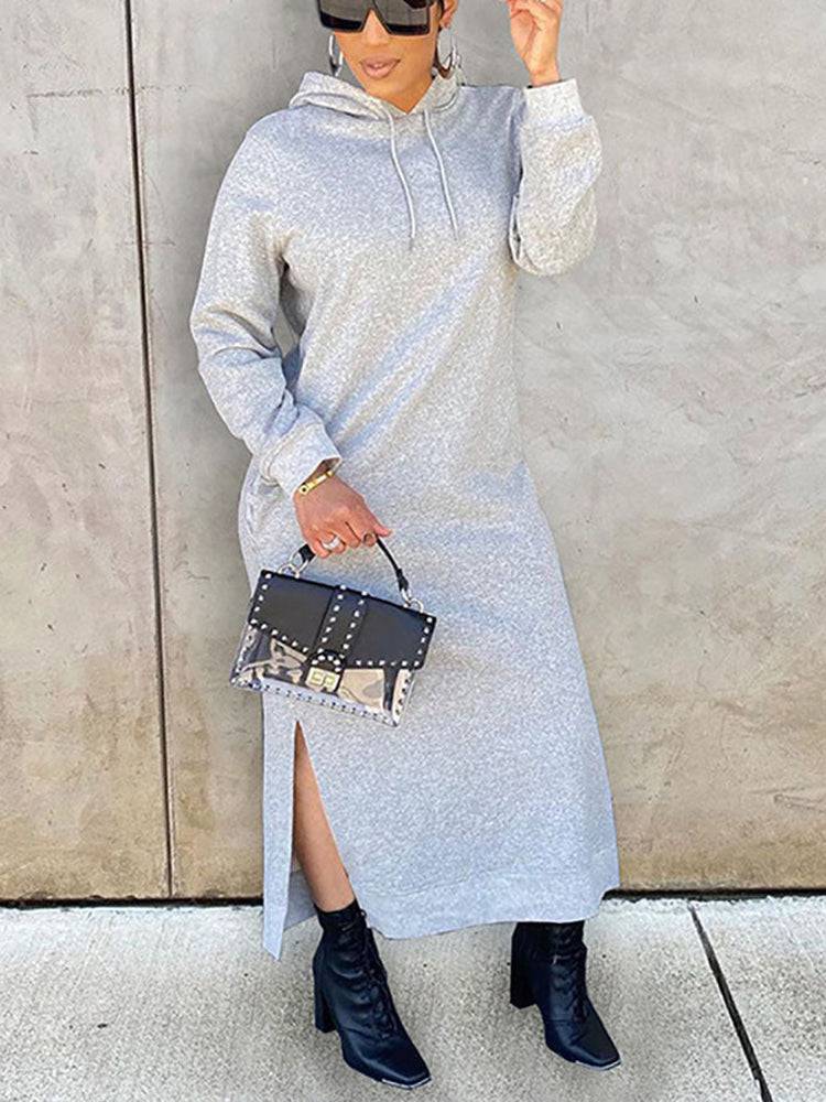 Slant Pockets Drawstring Hoodie Dresses