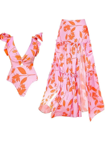Ruffle Trim Beach Vacation Printed Swimsuit Set