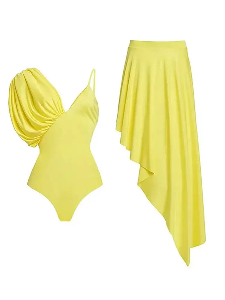 Puff Sleeve Solid Color Elegant Swimsuit