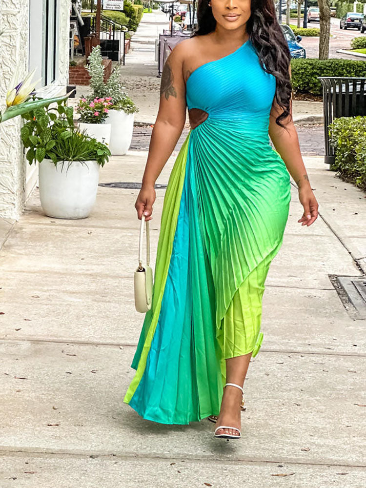 Ombre One Shoulder Pleated Dresses