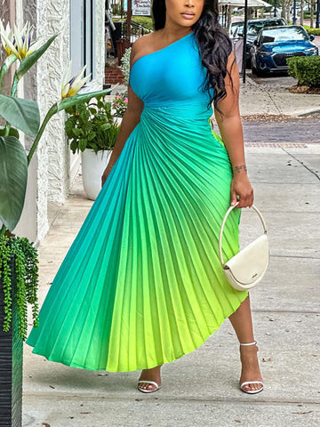 Ombre One Shoulder Pleated Dresses
