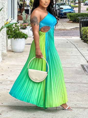 Ombre One Shoulder Pleated Dresses