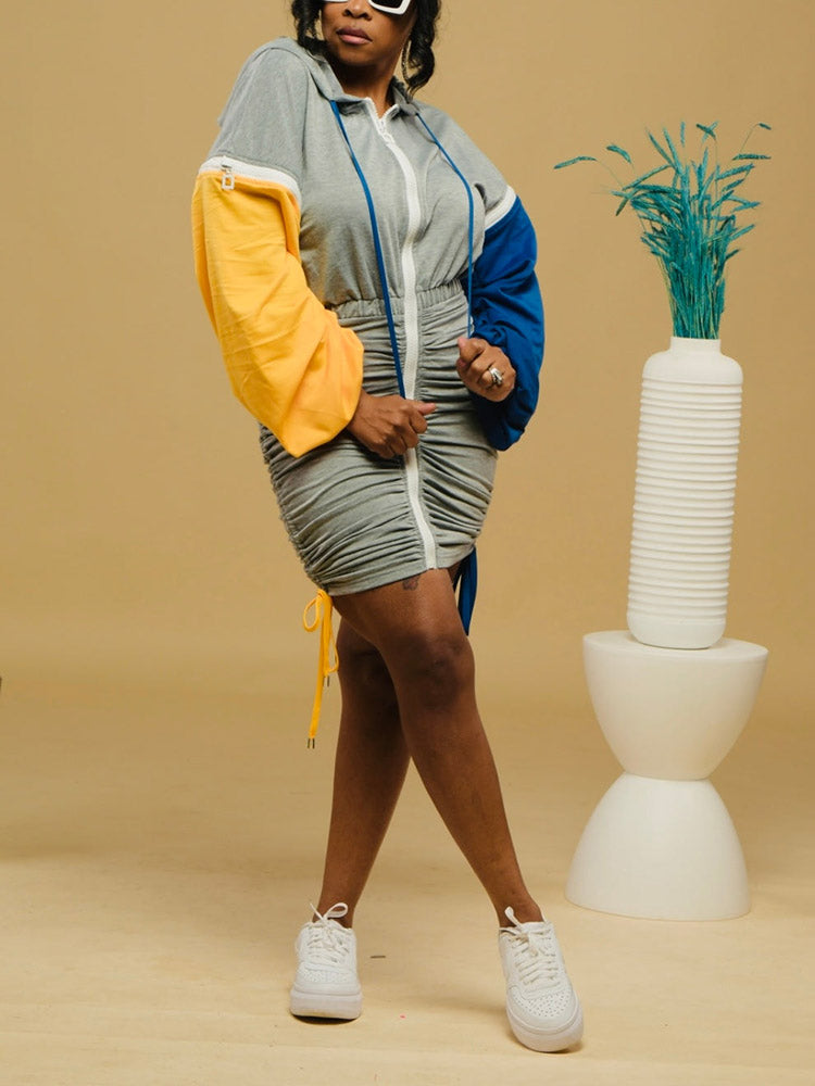 Hoodie Color Block Ruched Dresses