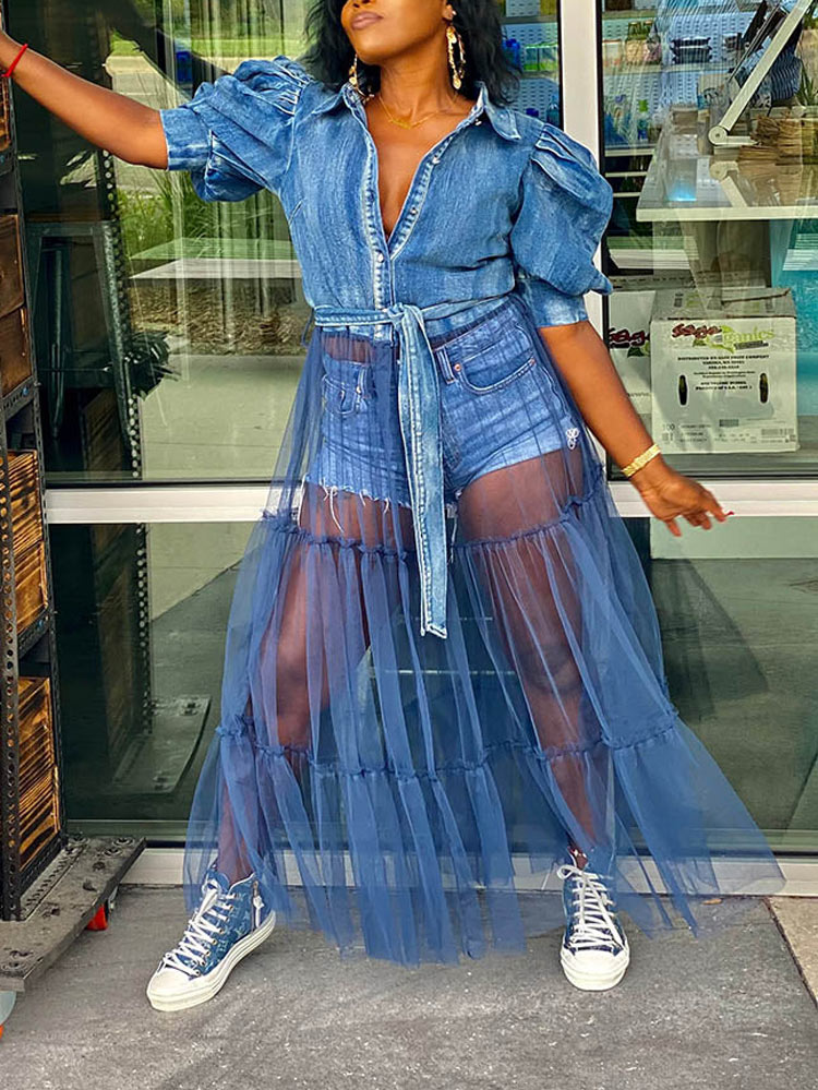 Denim Mesh Tulle Tops