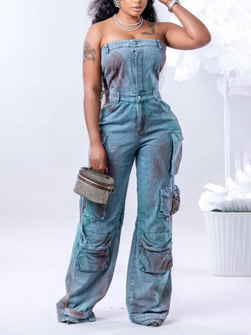 Denim Strapless Cargo Jumpsuits