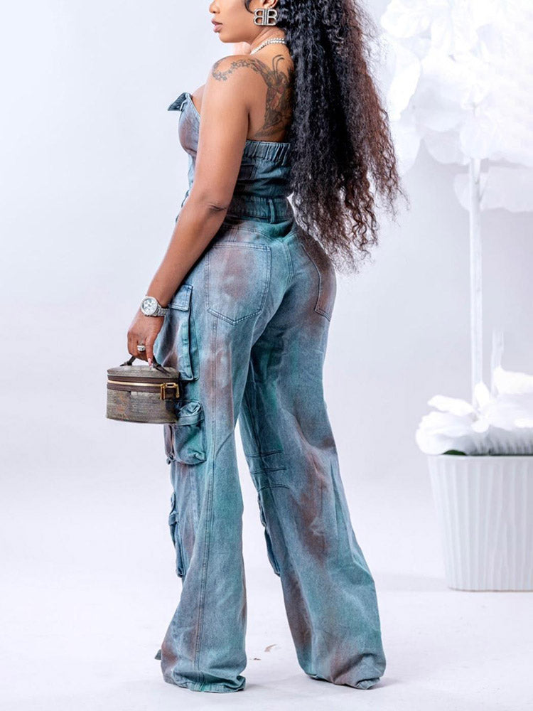 Denim Strapless Cargo Jumpsuits