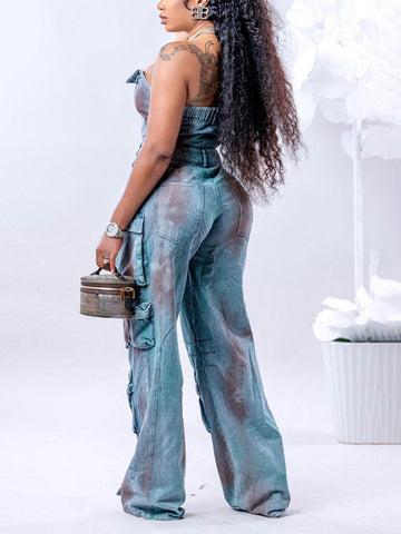 Denim Strapless Cargo Jumpsuits